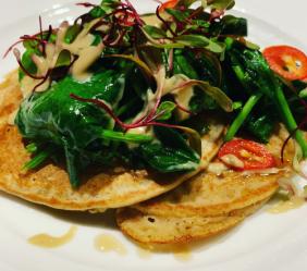 VEGAN LENTIL PANCAKES WITH SAUTEED GREENS AND TAHINI (GLUTEN FREE)