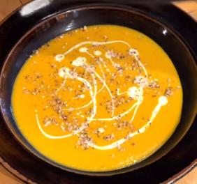 BUTTERNUT TAHINI SOUP WITH DUKKAH, YOGURT AND CILANTRO