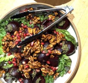 Roasted Beet Salad with Spiced Walnuts and Pesto