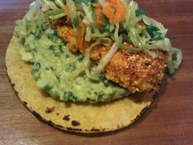 CORNMEAL CRUSTED FISH TACOS WITH GUACAMOLE AND ASIAN SLAW