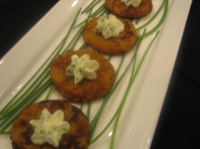 SWEET POTATO PANCAKES (LATKES) WITH CREAM CHEESE AND CHIVE MOUSSE